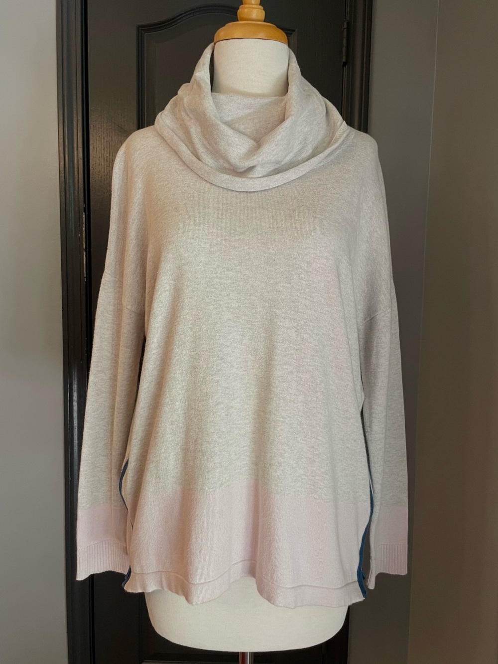 Lilla P Cozy Gray & Pink Cashmere Cotton Blend Cowl Neck Women's Sweater